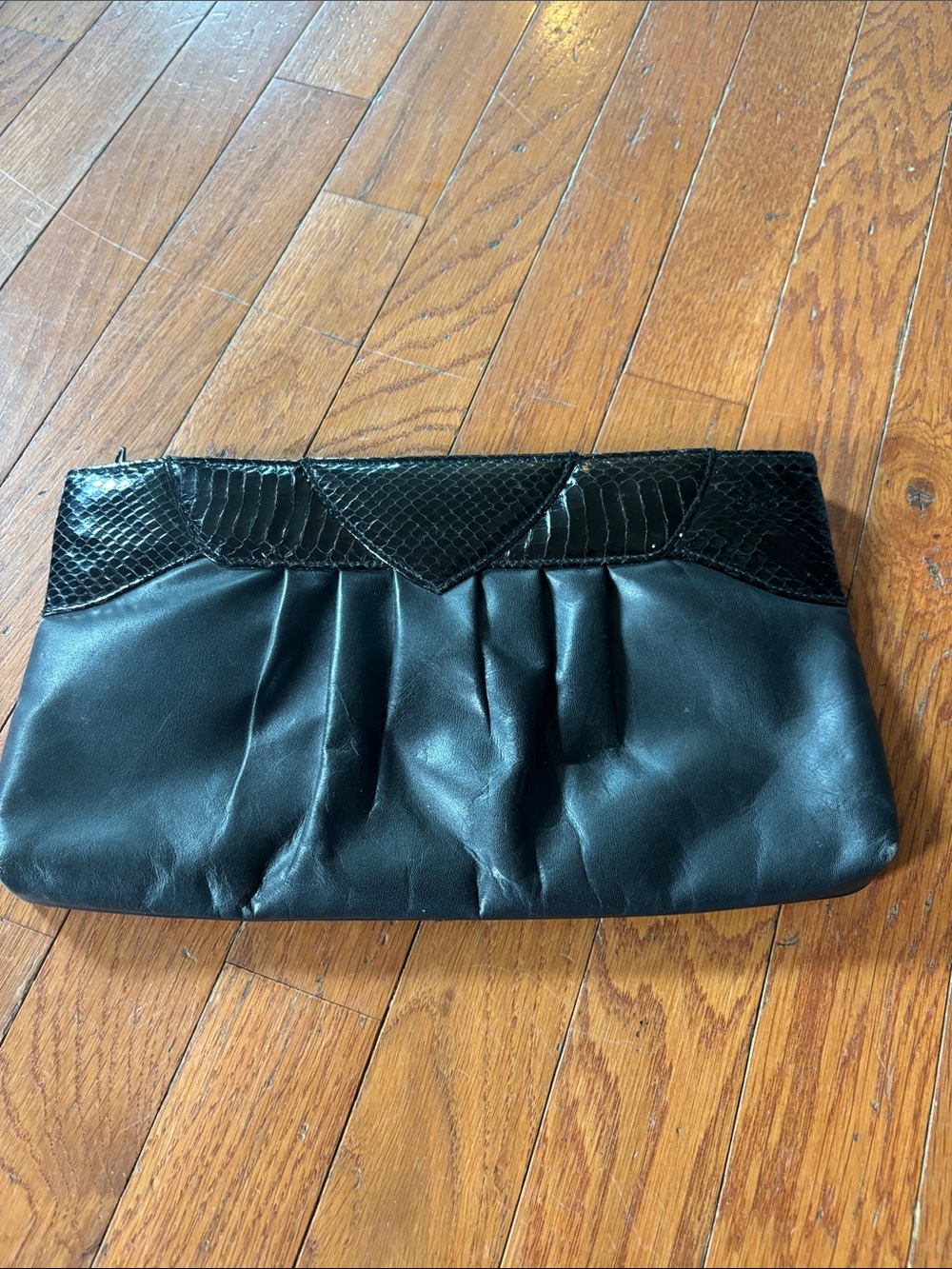 Jasmine Vintage Black Snake Skin Leather Pleated Clutch with Textured Trim